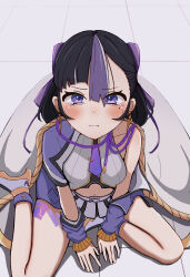 Rule 34 | 1girl, black hair, blush, breasts, cape, crying, crying with eyes open, dot nose, goddess of victory: nikke, hands on ground, highres, looking at viewer, maopippi88, medium hair, mole, mole under eye, multicolored hair, navel, nose blush, on ground, purple eyes, purple hair, single off shoulder, small breasts, solo, syuen (nikke), tears, wavy mouth
