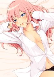 Rule 34 | 1girl, bed sheet, black panties, blue eyes, blue nails, breasts, cleavage, collarbone, collared shirt, dress shirt, hair between eyes, long hair, looking at viewer, lying, megurine luka, nail polish, navel, nokuhashi, on back, open clothes, open mouth, open shirt, panties, partially unbuttoned, pink hair, shirt, small breasts, solo, underwear, vocaloid, white shirt, wing collar