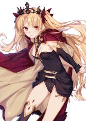 Rule 34 | 1girl, asymmetrical legwear, asymmetrical sleeves, between breasts, black leotard, black thighhighs, blonde hair, blush, bow, breasts, cape, detached collar, earrings, ereshkigal (fate), fate/grand order, fate (series), fur-trimmed cape, fur trim, gold trim, hair bow, highleg, highleg leotard, highres, hood, hooded cape, hoop earrings, infinity symbol, jewelry, leotard, long hair, looking at viewer, necklace, parted bangs, red bow, red cape, red eyes, simple background, single sleeve, single thighhigh, skull, smile, solo, spine, thighhighs, tiara, two side up, uneven legwear, uneven sleeves, white background, yachimoto