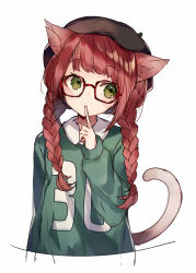 Rule 34 | 1girl, animal ears, black headwear, braid, cat ears, cat girl, cat tail, cropped torso, green eyes, green shirt, hair over shoulder, hand up, index finger raised, long hair, long sleeves, looking to the side, low twintails, original, red hair, shirt, shugao, simple background, sketch, solo, tail, twin braids, twintails, white background