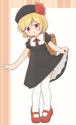 Rule 34 | 1girl, black dress, black hat, blonde hair, blush, clothes lift, dress, dress lift, full body, hat, highres, lifted by self, open mouth, puffy short sleeves, puffy sleeves, red eyes, red footwear, rumia, shoes, short hair, short sleeves, solo, thighhighs, touhou, turnip kabura, white thighhighs