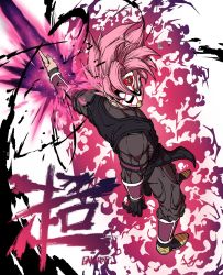Rule 34 | 1boy, armband, artist name, aura, bakarott, black gloves, blade, bracer, broken mask, commentary, dougi, dragon ball, dragon ball heroes, energy sword, from above, gloves, goku black, highres, long sleeves, looking back, male focus, mask, outstretched arm, pink hair, red eyes, simple background, single glove, solo, spiked hair, super saiyan, super saiyan rose, sword, time breaker mask, weapon, white background