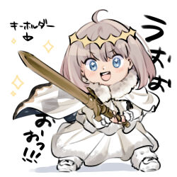 Rule 34 | + +, 1boy, ahoge, black cape, black trim, blonde hair, blue cape, blue eyes, boots, cape, chibi, commentary request, crown, diamond (shape), diamond crown, diamond hairband, diamond print, dot nose, dress, fate/grand order, fate (series), fighting stance, frilled sleeves, frills, full body, fur-trimmed boots, fur-trimmed cape, fur boots, fur trim, furrowed brow, grey cape, hairband, highres, holding, holding sword, holding weapon, light blush, looking at viewer, male focus, medium hair, multicolored cape, multicolored clothes, oberon (fate), open mouth, sausu hitori, solo, sparkle, sparkling eyes, standing, sword, tagme, teeth, upper teeth only, weapon, white background, white cape, white dress, white footwear, yellow hairband, yellow headwear