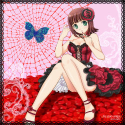Rule 34 | 1girl, amami haruka, ariga nao, breasts, brown hair, bug, butterfly, cleavage, dress, fingernails, flower, green eyes, hair ornament, idolmaster, idolmaster (classic), insect, nail, short hair, silk, solo, spider web