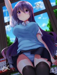 Rule 34 | 1girl, angry, arm up, black thighhighs, blue panties, blue sweater vest, blush, book, bookshelf, bouncing breasts, breasts, cloud, grey skirt, highres, large breasts, long hair, mokufuu, panties, pout, purple eyes, purple hair, shirt, short sleeves, skirt, sky, standing, striped clothes, striped panties, sweater vest, thighhighs, tree, underwear, white shirt, wind, wind lift, window