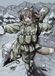 Rule 34 | 1girl, absurdres, animal ears, boots, brown eyes, brown hair, closed eyes, fang, fox ears, fox girl, fox girl (yihan1949), fox tail, gloves, highres, looking down, military uniform, open mouth, original, outstretched arms, ponytail, snow, snow on head, solo, spread arms, tail, uniform, weapon, weapon on back, wind, winter, yihan1949
