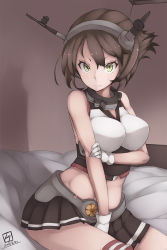 Rule 34 | 10s, 1girl, 2015, breasts, brown hair, dated, gloves, gradient background, green eyes, hairband, headgear, highres, kantai collection, looking at viewer, midriff, mku, mutsu (kancolle), navel, short hair, sitting, smile, solo
