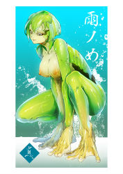 Rule 34 | 1girl, breasts, colored skin, commission, female focus, frog girl, green eyes, green hair, green skin, highres, mabo9317, monster girl, nipples, nude, original, solo, squatting, water, webbed feet, webbed hands, wet