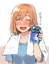 Rule 34 | 1girl, alcohol, bad id, bad pixiv id, beer, beer can, blue shirt, blush, can, closed eyes, drink can, geso smith, hair between eyes, highres, holding, holding can, miyamori aoi, open mouth, orange hair, shirobako, shirt, short hair, short sleeves, simple background, solo, towel, towel around neck, translated, upper body