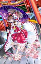 Rule 34 | 13 (spice!!), 1girl, architecture, armpits, ascot, bad id, bad pixiv id, blurry, blush, bow, brown hair, cherry blossoms, day, depth of field, detached sleeves, east asian architecture, embellished costume, eyebrows, folding fan, fox mask, frilled shirt collar, frilled skirt, frills, full body, geta, hair bow, hair tubes, hakurei reimu, hand fan, highres, holding, holding fan, holding umbrella, japanese clothes, long sleeves, looking at viewer, mask, mask on head, miko, oil-paper umbrella, purple eyes, red bow, red shirt, red skirt, ribbon-trimmed sleeves, ribbon trim, sarashi, shirt, skirt, skirt set, sleeveless, sleeveless shirt, smile, socks, solo, thick eyebrows, torii, touhou, umbrella, white bow, white socks, wide sleeves