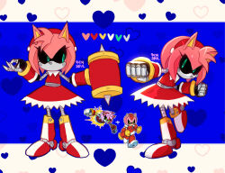 Rule 34 | 1girl, 9474s0ul, animal ears, blue background, clenched hands, color guide, dress, full body, green eyes, hairband, heart, heart background, highres, looking at viewer, metal amy, red dress, red hairband, reference inset, robot, robot girl, sonic (series), sonic the hedgehog (archie comics), standing