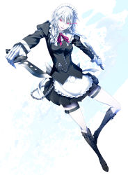 Rule 34 | 1girl, apron, bad id, bad pixiv id, black skirt, boots, braid, chain, colored skin, cross-laced footwear, dual wielding, frills, full body, gloves, glowing, glowing eye, grin, highres, holding, izayoi sakuya, knife, lace-up boots, long hair, long sleeves, maid apron, maid headdress, mazeran, open mouth, pale skin, pink eyes, pocket watch, puffy long sleeves, puffy sleeves, ribbon, simple background, skirt, skirt set, smile, solo, thigh strap, touhou, twin braids, watch, white gloves, white hair, white skin