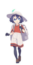 Rule 34 | 10s, 1girl, :o, backpack, bag, black gloves, black hair, blue eyes, brown footwear, bucket hat, chestnut mouth, clenched hand, enkyo yuuichirou, eyebrows, feathers, full body, gloves, hair between eyes, hat, hat feather, highres, kaban (kemono friends), kemono friends, loafers, looking up, open mouth, pantyhose, red shirt, safari hat, shirt, shoes, short hair, short sleeves, shorts, simple background, solo, sweat, tareme, walking, white background