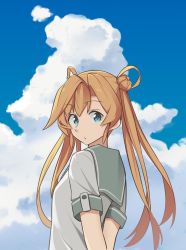 Rule 34 | 1girl, abukuma (kancolle), arms behind back, artworks/77576602, blonde hair, blue eyes, blue sky, cloud, cloudy sky, commentary request, day, double bun, from behind, hair between eyes, hair bun, hair rings, highres, kantai collection, long hair, looking back, negahami, outdoors, school uniform, serafuku, short sleeves, sky, solo, upper body