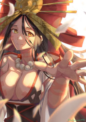 Rule 34 | 1girl, absurdres, bead necklace, beads, black hair, breasts, cleavage, closed mouth, commentary request, facial mark, fate/grand order, fate (series), hair between eyes, headpiece, highres, himiko (fate), himiko (third ascension) (fate), japanese clothes, jewelry, katsuki kazutsuki, kimono, large breasts, long hair, long hair between eyes, looking at viewer, magatama, magatama necklace, necklace, simple background, smile, solo, twitter username, white background, white kimono, yellow eyes