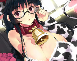 Rule 34 | 1girl, adjusting eyewear, animal ears, animal print, bell, neck bell, black hair, blush, braid, breasts, cleavage, coin rand, collar, cow ears, cow girl, cow print, cow tail, cowbell, dutch angle, glasses, huge breasts, indoors, large breasts, long hair, looking at viewer, navel, open mouth, original, red eyes, single braid, solo, tail, underwear, underwear only