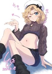 Rule 34 | 1girl, beret, black shorts, black socks, blonde hair, blue eyes, blush, dated, grey sweater, hat, heart, highres, janus (kancolle), kantai collection, ld (luna dial398), long sleeves, looking at viewer, navel, one eye closed, ribbed sweater, short hair, shorts, signature, simple background, socks, solo, sweater, white background, white hat