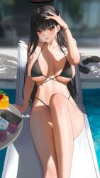 Rule 34 | abab xiaxia, aviator sunglasses, bikini, black bikini, black hair, blue archive, breasts, bright pupils, halo, highres, large breasts, poolside, red eyes, rio (blue archive), sandals, sunglasses, swimsuit, thick thighs, thighs, unworn sandals