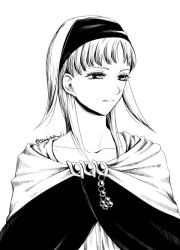 Rule 34 | 1girl, cape, closed mouth, collarbone, dress, gensou suikoden, gensou suikoden ii, gensou suikogaiden, greyscale, hairband, jewelry, long hair, monochrome, moon, sakai (motomei), sierra mikain, simple background, solo, white background