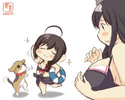 Rule 34 | 2girls, :3, aged down, ahoge, artist logo, bikini, black bikini, black hair, breasts, brown hair, closed eyes, closed mouth, dated, dog, hair ornament, highres, innertube, kanon (kurogane knights), kantai collection, large breasts, multiple girls, one-hour drawing challenge, open mouth, puppy, red eyes, shigure (kancolle), simple background, smile, swim ring, swimsuit, white background, yamashiro (kancolle)