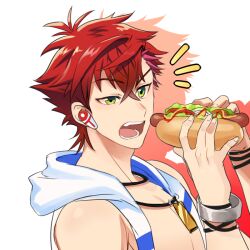 Rule 34 | 1boy, blackkdogg, fang, green eyes, helios rising heroes, hot dog, male focus, open mouth, otori akira, red hair, short hair, simple background, white background