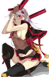 Rule 34 | 1girl, absurdres, alternate color, alternate hair color, bare shoulders, black footwear, black thighhighs, blazblue, blazblue: chronophantasma, blush, bolverk, boots, breasts, capelet, dual wielding, gun, hair ornament, highres, holding, holding gun, holding weapon, knee boots, looking at viewer, miniskirt, necktie, noel vermillion, red eyes, sato (samanosuke 0710), side ponytail, silver hair, simple background, skirt, sleeveless, small breasts, solo, thighhighs, weapon, white background