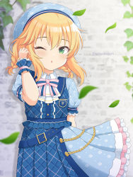 Rule 34 | 1girl, ;o, beret, blonde hair, blue dress, blue hat, blurry, blurry background, blurry foreground, bow, braid, brick wall, commentary request, depth of field, dress, frilled dress, frills, green eyes, hair between eyes, hand up, hat, highres, idolmaster, idolmaster cinderella girls, idolmaster cinderella girls starlight stage, kaiware-san, long hair, one eye closed, parted lips, plaid, plaid dress, pleated dress, puffy short sleeves, puffy sleeves, sakurai momoka, short sleeves, solo, striped, striped bow, twin braids, twitter username, wrist cuffs