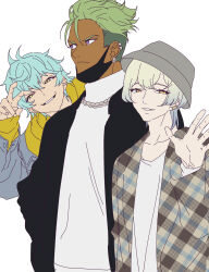 Rule 34 | 3boys, anchiki shou, bad id, bad twitter id, black jacket, black mask, blonde hair, blue hair, closed mouth, dark-skinned male, dark skin, earrings, green hair, grey hat, hair between eyes, hand up, highres, jacket, jewelry, king of prism by prettyrhythm, kisaragi louis, long sleeves, looking at viewer, looking to the side, male focus, mask, mask pull, mouth mask, multiple boys, necklace, open hand, open mouth, peeking out, plaid, plaid jacket, pretty rhythm, pretty series, purple eyes, shirt, short hair, simple background, smile, standing, surgical mask, takadanobaba jouji, undercut, upper body, v, white background, white shirt, yamato alexander, yellow eyes