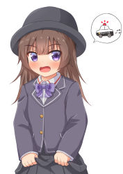 Rule 34 | 1girl, black hat, bow, bowtie, brown hair, car, clothes lift, comiching, commentary request, hat, highres, jacket, motor vehicle, open mouth, original, plaid, plaid bow, plaid bowtie, plaid neckwear, pleated skirt, police car, purple bow, purple bowtie, purple eyes, school uniform, skirt, skirt lift, solo, spoken object, upper body