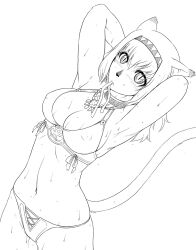 Rule 34 | 1girl, adventurer (ff11), animal ears, animal nose, arms up, bikini, breasts, cat ears, cat girl, cat tail, cleavage, commentary request, covered erect nipples, final fantasy, final fantasy xi, gochou (kedama), greyscale, hair between eyes, hair tie, hair tie in mouth, hairband, lineart, medium breasts, medium hair, mithra (ff11), monochrome, mouth hold, navel, simple background, solo, swimsuit, tail, tail raised, white background
