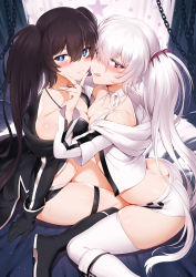 Rule 34 | 2girls, arched back, ass, bare shoulders, black hair, black rock shooter, black rock shooter (character), blue eyes, blush, bra, breasts, butt crack, closed mouth, gloves, hand on another&#039;s face, head tilt, highres, jacket, kneehighs, long hair, looking at viewer, looking to the side, m-da s-tarou, multiple girls, open clothes, open jacket, red eyes, shoes, short shorts, shorts, smile, socks, thick thighs, thighhighs, thighs, tongue, tongue out, twintails, underwear, white hair, white rock shooter