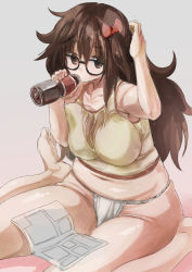 Rule 34 | 10s, 1girl, bottle, bow, breasts, brown eyes, brown hair, drinking, fate/extra, fate/extra ccc, fate (series), fundoshi, glasses, hair bow, jinako carigiri, large breasts, long hair, navel, plump, solo, yohane