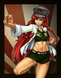 Rule 34 | 1girl, alternate costume, bare legs, blue eyes, braid, breasts, camouflage, chinese clothes, cleavage, crop top, female focus, fighting stance, hat, hong meiling, linistic, long hair, medium breasts, midriff, navel, open clothes, open shirt, red hair, rising sun flag, shirt, shorts, solo, standing, standing on one leg, star (symbol), sunburst, tank top, touhou, twin braids
