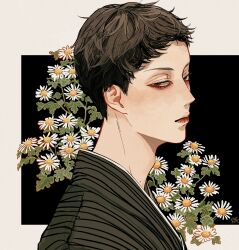 Rule 34 | 1boy, absurdres, adam&#039;s apple, black background, brown eyes, brown hair, brown kimono, closed mouth, commentary, daisy, flower, from side, half-closed eyes, highres, japanese clothes, kagoya1219, kimono, looking at viewer, looking to the side, male focus, original, outside border, plant, portrait, short hair, sideways glance, signature, solo, striped clothes, striped kimono, very short hair, white flower