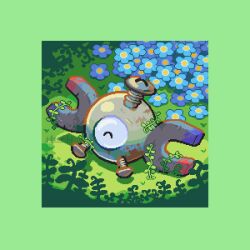 Rule 34 | ^ ^, blue flower, border, closed eyes, commentary, creatures (company), damaged, english commentary, flower, game freak, gen 1 pokemon, grass, green background, green border, highres, jdzombi, magnemite, magnet, nintendo, no humans, one-eyed, outdoors, pokemon, pokemon (creature), rust, screw, solo, x