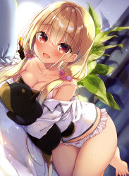 Rule 34 | 1girl, :d, absurdres, animal, bare shoulders, blonde hair, blush, bow, bow panties, bra, breasts, cleavage, collarbone, dengeki moeou, dog, frilled panties, frilled pillow, frills, hair between eyes, hair over shoulder, highres, indoors, long hair, low twintails, magazine scan, medium breasts, no pants, off shoulder, open clothes, open mouth, open shirt, original, panties, pillow, red eyes, sazaki ichiri, scan, shirt, smile, solo, twintails, underwear, white panties, white shirt