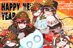 Rule 34 | 1boy, 1girl, 2021, animal costume, black cape, black headwear, black scarf, black shirt, blush, brother and sister, cape, cow costume, crest, facing viewer, family crest, fate/grand order, fate (series), fiery hair, gloves, hair between eyes, happy new year, hat, highres, long sleeves, low ponytail, military hat, mini nobu (fate), new year, oda nobukatsu (fate), oda nobunaga (fate), oda uri, open mouth, orange background, peaked cap, ponytail, red cape, red eyes, red shirt, scarf, shako cap, shirt, siblings, sidelocks, smile, snowman, twitter username, white scarf, winter gloves, yui (tamagohan)