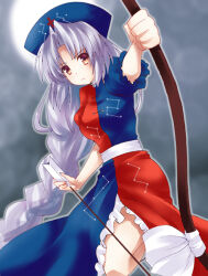 Rule 34 | 1girl, arrow (projectile), blue dress, blue hat, bow (weapon), braid, breasts, brown eyes, closed mouth, commentary request, constellation print, cross, dress, feet out of frame, frilled dress, frills, frown, grey background, grey hair, hat, holding, holding arrow, holding bow (weapon), holding weapon, long hair, looking at viewer, medium breasts, momozakura nanao, multicolored clothes, multicolored dress, nurse cap, parted bangs, red cross, red dress, sash, single braid, solo, touhou, very long hair, weapon, white sash, yagokoro eirin