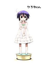 Rule 34 | 1girl, ahoge, bare shoulders, black eyes, blush stickers, child, dress, dress tug, eating, flat chest, food, frilled dress, frills, highres, hirona ex, holding, looking at viewer, nakamura hirona, popsicle, purple hair, short hair, simple background, soaking feet, solo, standing, suka, sundress, sweat, wading, washbowl, water, watermelon bar, white background, white dress