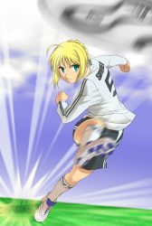 Rule 34 | 00s, 1girl, 2006 fifa world cup, alternate costume, artoria pendragon (all), artoria pendragon (fate), ball, blonde hair, clothes writing, england, fate/stay night, fate (series), g-tetsu, germany, green eyes, kicking, playing sports, saber (fate), soccer, soccer ball, solo, teamgeist, world cup