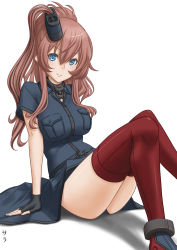 Rule 34 | 1girl, black dress, black gloves, blue eyes, breast pocket, breasts, brown hair, commentary request, dress, fingerless gloves, gloves, hair between eyes, highres, kantai collection, large breasts, looking at viewer, partial commentary, pocket, ponytail, red thighhighs, saratoga (kancolle), saratoga mk ii (kancolle), side ponytail, sidelocks, simple background, sitting, smile, smokestack, smokestack hair ornament, solo, t2r, thighhighs, thighs, white background