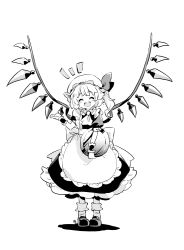 Rule 34 | 1girl, ^ ^, alternate costume, apron, ascot, bow, closed eyes, commentary request, enmaided, flandre scarlet, frilled apron, frilled shirt collar, frills, greyscale, hat, hat bow, maid, maid day, mob cap, monochrome, notice lines, open mouth, puffy short sleeves, puffy sleeves, short sleeves, side ponytail, simple background, skirt, socks, solo, tanasuke, touhou, tray, waist apron, white background, wing collar, wings