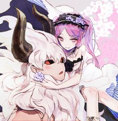 Rule 34 | 1boy, 1girl, asterios (fate), black sclera, carrying, closed mouth, colored sclera, euryale (fate), fate/grand order, fate/hollow ataraxia, fate (series), flower, hair flower, hair ornament, hairband, horns, looking at viewer, mo (mocopo), parted lips, purple eyes, purple flower, purple hair, purple rose, red eyes, rose, shoulder carry, smile, white hair