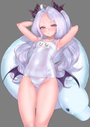 Rule 34 | 1girl, absurdres, ahoge, arms up, blue archive, breasts, closed mouth, grey background, hair ornament, hairclip, highres, hina (blue archive), holding, horns, inflatable toy, long hair, low wings, multiple horns, name tag, nanja, one-piece swimsuit, pink eyes, revision, school swimsuit, signature, simple background, small breasts, solo, swimsuit, thigh gap, wet, white background, white hair, white one-piece swimsuit, wings
