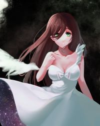 Rule 34 | 1girl, bad id, bad pixiv id, bare shoulders, breasts, brown hair, cleavage, collarbone, dress, feathers, green eyes, highres, long hair, nokto, original, solo, strap slip, white dress