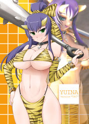 Rule 34 | 1girl, animal print, bikini, breasts, collar, elbow gloves, covered erect nipples, figure, gloves, green eyes, horns, huge breasts, long hair, miito shido, monster girl, navel, oni, smile, source request, swimsuit, tiger print, yuina