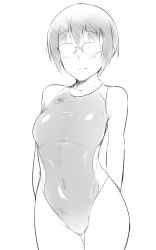 Rule 34 | 1girl, arms behind back, blush, competition swimsuit, eini a lukkanen, em (totsuzen no hakike), glasses, greyscale, monochrome, one-piece swimsuit, short hair, simple background, smile, solo, strike witches, swimsuit, white background, world witches series