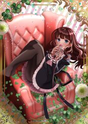 Rule 34 | 1girl, :d, absurdres, armchair, assault lily, black skirt, blue eyes, breasts, brown hair, brown pantyhose, chair, character print, clover, commentary request, cropped jacket, cup, dandelion, diagonal stripes, flower, foot out of frame, four-leaf clover, framed, frilled skirt, frills, hands up, heart, heart of string, high-waist skirt, highres, hitotsuyanagi riri, holding, holding cup, irasuto neko35, juliet sleeves, kaede johan nouvel, legs up, long sleeves, looking at viewer, medium breasts, mug, no shoes, open mouth, pantyhose, pink background, print mug, puffy sleeves, reclining, school uniform, shirt, sidelocks, sitting sideways, skirt, smile, solo, string, string of fate, striped, striped background, thighhighs, upskirt, wavy hair, white shirt, yurigaoka girls academy school uniform