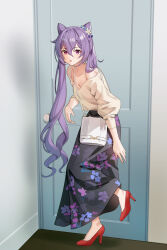 Rule 34 | 1girl, bag, black bow, black skirt, bow, braid, chibi vanille, collarbone, commentary, cone hair bun, door, double bun, floral print, flower, french braid, genshin impact, hair bow, hair bun, hair flower, hair ornament, high heels, highres, indoors, keqing (genshin impact), long hair, long skirt, long sleeves, looking at viewer, parted lips, puffy long sleeves, puffy sleeves, purple eyes, purple hair, red footwear, shirt, shoes, shoulder bag, skirt, solo, standing, standing on one leg, twintails, very long hair, white bag, white shirt