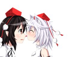 Rule 34 | 2girls, animal ears, bad id, bad pixiv id, bare shoulders, black hair, blush, closed eyes, detached sleeves, evandragon, hat, inubashiri momiji, licking, licking another&#039;s face, multiple girls, open mouth, pointy ears, pom pom (clothes), red eyes, shameimaru aya, shirt, short hair, silver hair, simple background, surprised, tokin hat, tongue, tongue out, touhou, white background, white shirt, wolf ears
